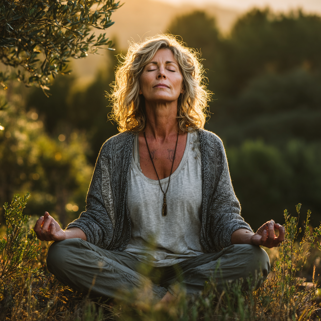 Жінка 55 років сидить у позі лотоса на природі, в оточенні зелені, очі заплющені в медитативному стані, м'яке ранкове світло