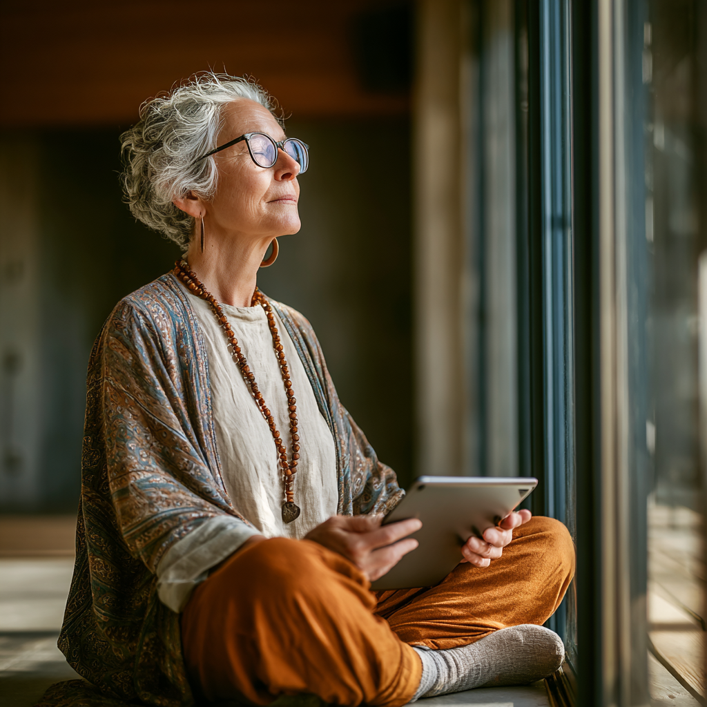Жінка 56 років займається йогою онлайн вдома, сидить на підлозі біля вікна з планшетом, на екрані інструктор показує медитативну позу