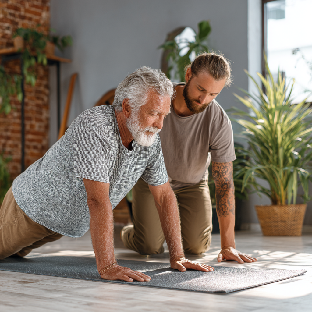 Чоловік 58 років виконує м'яку розтяжку на йога-килимку в світлій студії, інструктор допомагає йому правильно розташувати руки