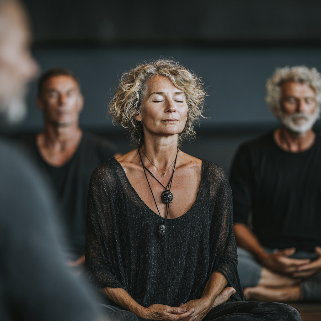 Група людей віком 50-60 років на пробному занятті йоги, сидять у колі на килимках, інструктор показує дихальну вправу